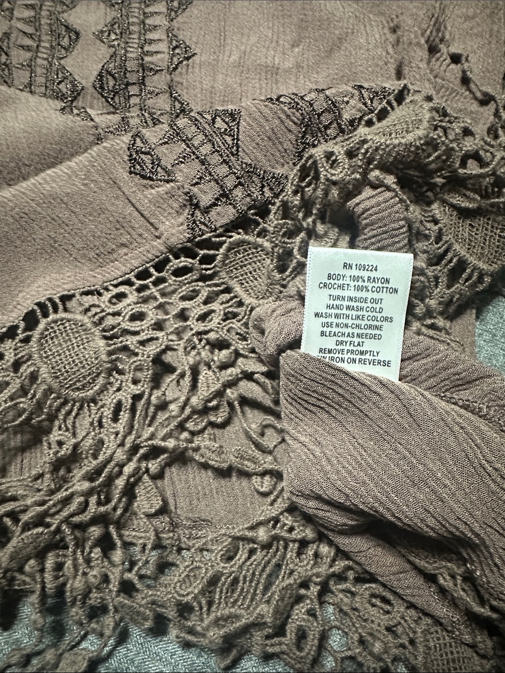 Indigo Soul Women’s Brown Crochet-Trim Fringe Top - Picture 7 of 9